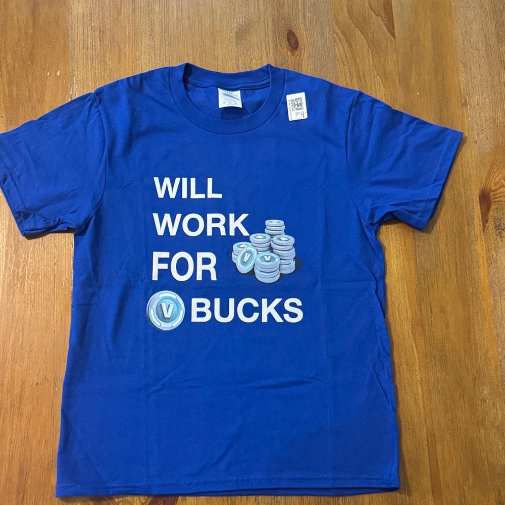 New “Will Work For V-Bucks” Boys Tee Medium